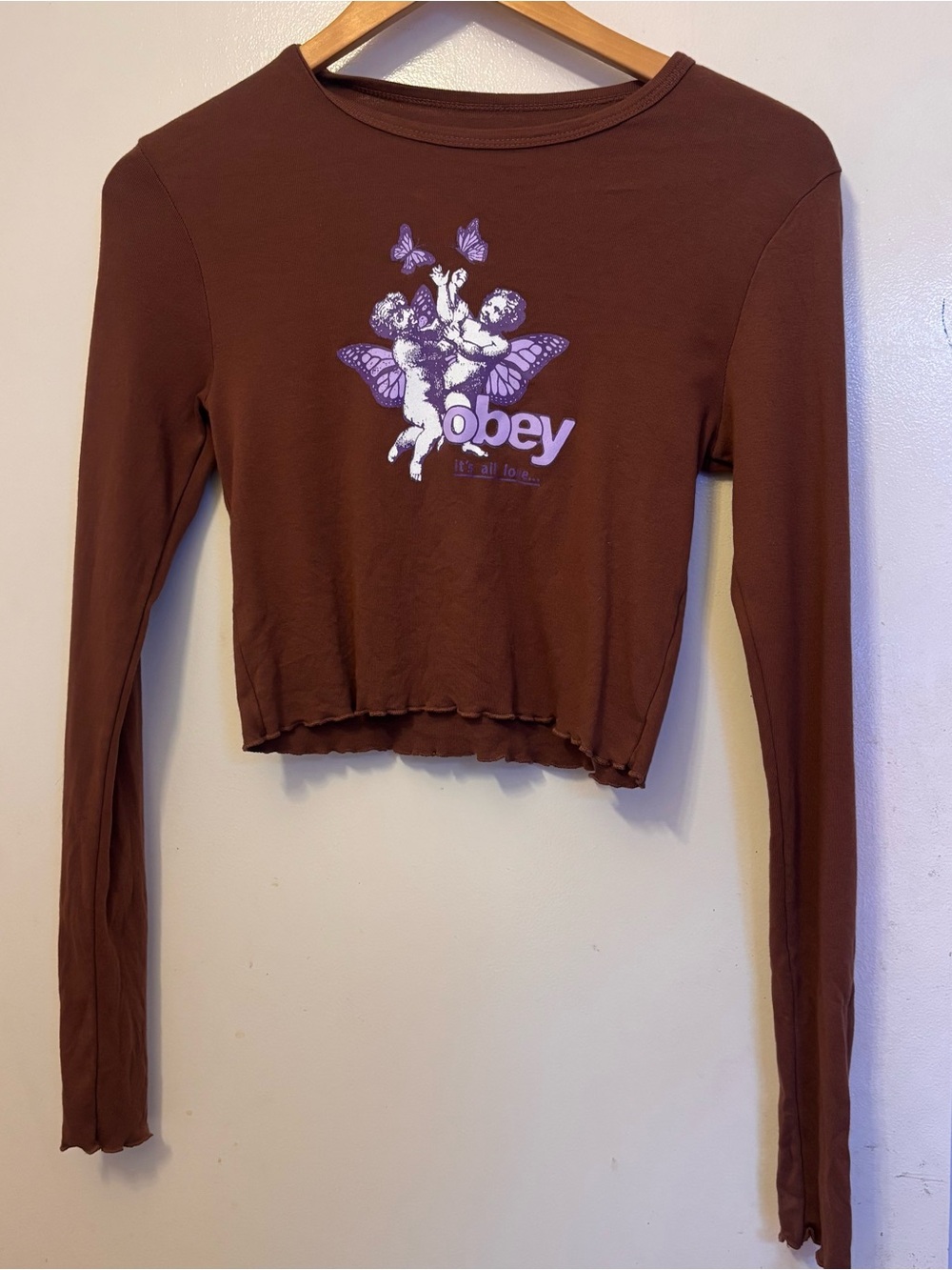 Obey Women's Brown Long-Sleeve Cropped Graphic Tee cherubs/angels “it’s all love